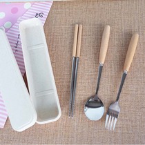 Wooden portable stainless steel Western tableware Beech handle knife and fork spoon chopsticks set gift box