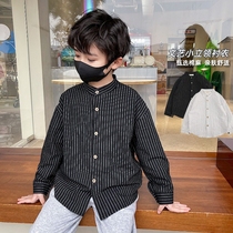 Boy cotton linen shirt 2022 Spring and autumn new CUHK Tong Striped Pure Cotton Blouse Child Han Edition Child clothing Bottomed Tide