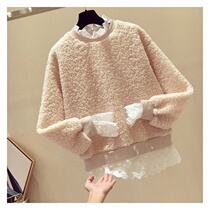 Sweatshirt woman winter 2020 new Korean version loose with velvet thickened lace splicing fake two imitation lamb blouses