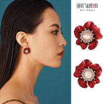 Advanced sense rose red ear clip without ear hole female New Year stud exaggerated Bride wedding earrings suitable for round face tide