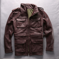 AVFLY mens leather leather clothing multiple pockets M65 hunted leather jacket upright bull leather jacket locomotive suit man