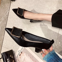 Square buckle high heels womens spring and autumn 2022 new all-match small fragrance temperament pointed toe thick heel shallow mouth single shoes