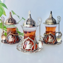 Spot Turkish original Tulip hollow metal glass black tea cup exquisite European tea cup set spoon