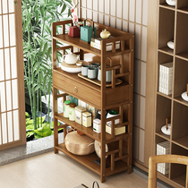 Simple modern floor-to-ceiling Nanzhu tea table Household small tea table Solid wood shelf Multi-layer with pumping bookshelf Living room bookcase