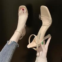 2021 new transparent open toe high heel Roman sandals womens word buckle sexy womens shoes crystal fine heel thin shoes