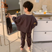 Childrens pajamas boys spring and autumn cotton long sleeve set cute cartoon boy treasure Tong round collar home wear thin