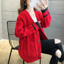Ladies sweater coat 2022 New Year big red cardigan 2021 autumn and winter thickened foreign atmosphere this year loose lazy