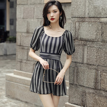 womens vintage slender belly concealer striped jumpsuit push up half sleeve internet-famous hot spring swimsuit