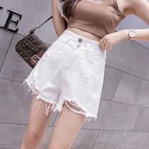 White denim shorts female summer slim net red hot girl with high waist display slim break hole loose broadleg a word hot pants tide