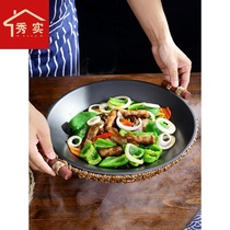Special restaurant restaurant crayfish straw bamboo basket iron plate creative farmhouse flat fish head plate small fried tableware