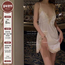 LA heart arson long sexy spring and autumn pajamas female ice silk lace split suspender nightgown dress