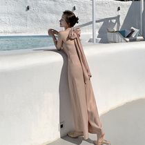Sanya holiday wear wide leg pants seaside beach dress women bow neck neck temperament dress long skirt jumpsuit