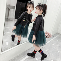 Girls imitation leather clothing spring and autumn suit 2021 New Net red super foreign air shaking sound with childrens tide dress