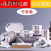 Cute cat bowl dish spoon chopsticks noodle bowl Fish dish pot free match ceramic Jingdezhen cartoon tableware microwave