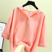 2021 spring and summer new Korean loose solid color hooded all-match thin section bottoming shirt top sweater short-sleeved women