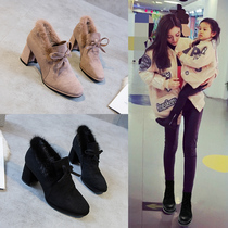 Thick-heeled high-heeled children Martin 2021 autumn and winter new versatile fashion plus fluff wool single shoes cotton shoes winter shoes