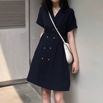 2021 summer new suit double-breasted dress female waist thin small short Hepburn style small black skirt