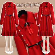Red sweater dress with dress autumn and winter long sleeve name Yuanyu Temperament Doll Collar Cashew strap Waist Strap Repair Knitted Dress