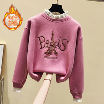 Pink Embroidered Sweatshirt Woman Autumn Winter Outwear Plus Thickening 2020 New Korean version Loose Long Sleeve Undershirt Tide