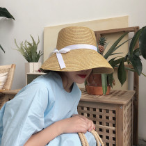 Ding walk French elegant silk satin bow foldable straw hat female summer vacation big eaves beach sun hat