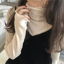 2019 spring new Korean high-neck knitted mesh inner tie small shirt womens thin long-sleeved lace base shirt top