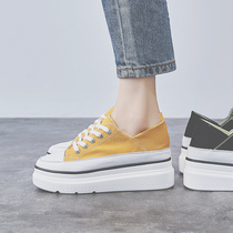 Canvas shoes womens 2021 spring and Autumn retro Hong Kong taste thick bottom low-top wild ride increase a pedal net red shallow mouth shoes