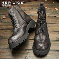 Holly autumn British style Brock Martin boots mens high-end leather middle-help thick-soled boots mens tide