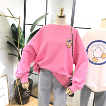 Back cartoon duck print loose large size terry cotton Korean version round neck frayed long-sleeved sweater womens outer wear student