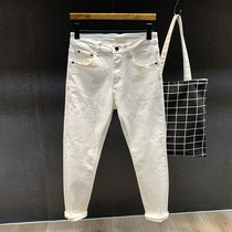 Hong Kong Tide brand simple white jeans mens casual trousers Korean version of the trend elastic Joker slim slim pants