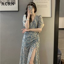 Broken floral dress with dress female summer V collar Sexy irregular open fork 2022 French style gentle first love little daisy long dresses