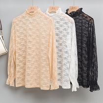 2021 autumn and winter new Dongdaemun lace base shirt womens long-sleeved high-neck mesh top trumpet sleeve shirt