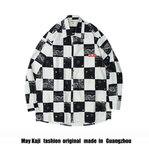 American retro plaid shirt men long sleeve Hong Kong style couple Japanese check shirt black and white plaid shirt coat tide