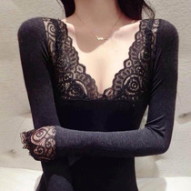 Solar thermal underwear suit female winter sexy V lead lace thin section calorific fiber thermostatic without marks and autumn clothes