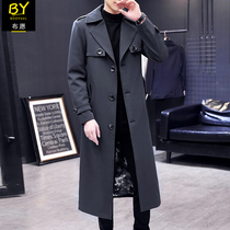 Trench coat mens long Korean version of the trend handsome over the knee autumn and winter thick mens suit collar British style slim jacket