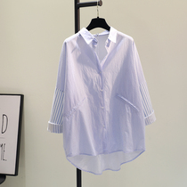 Tide brand 2021 New Korean version Joker splicing vertical stripe long shirt women loose size shirt coat