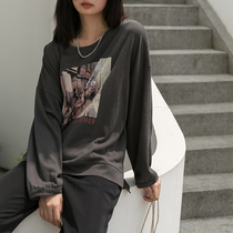 ins overfire retro printed long sleeves T-shirt women 2022 fall new loose 100 lap and wear inner hitch bottom-shirt tide