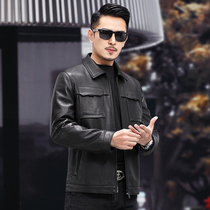 Leather mens leather short goat leather jacket lapel slim handsome locomotive jacket Haining spring and autumn thin tide