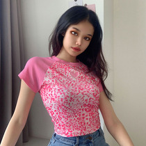 European and American retro pink love BAO WEN print top high waist slim short sleeve T-shirt female summer ins tide