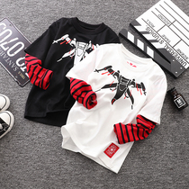 Middle and large childrens cotton long-sleeved mens T-shirt Boys fake two casual cotton printed base shirt Childrens long-sleeved T-shirt