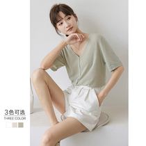 Ice silk short sleeve T-shirt cardigan women 2021 summer V collar thin loose solid color design sense niche half sleeve knitted top