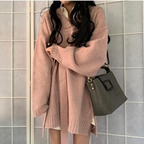 Loose mid-length V collar external wearing sweater single piece kit new female fit Korean version long sleeve needle cardiovert blouse