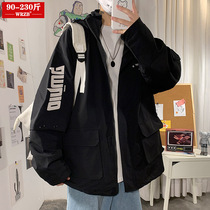 Fat mm tooling jacket female spring and autumn all-match Korean loose hooded jacket plus fat plus size womens trendy brand top