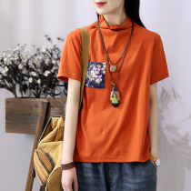Han Soyi Retro Art Summer New Half High Collar Patch Cloth Printed Short Sleeve T-Shirt Female Short blouse woman slim