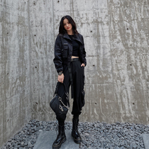 Black universe overalls women hip hop tide ins Super fire Black Spring tie pants loose bf slim bf slim waist pants