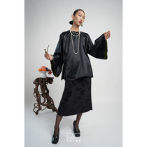 TUYUE coated moon original innovative Chinese weave floral black half body dress female summer retro open fork H type medium length one step skirt