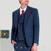 Naples blue plaid wool three-piece wedding suit mens suit groom wedding dress woolen suit thick