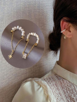 Natural Pearl tassel ear clip without ear hole female advanced long French retro temperament sterling silver chain ear clip