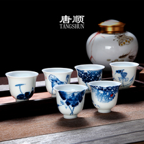 Tang Shun hand-painted lotus six scenes Kung Fu small teacup Household ceramic underglaze color kung Fu tea cup Individual high-body cup