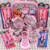 Original imported Korean deformed police car Amba children stainless steel tableware pink water cup bowl set