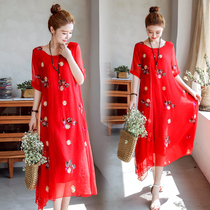 Large size 2020 spring dress new chiffon dress female fat mm slim belly cover belly crotch Red a-shaped dress